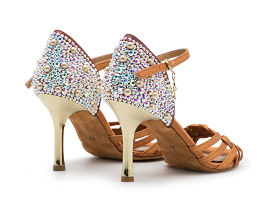 Mimoza-Tanzschuhe von Dancing Queens: funkelnde bronzefarbene Absätze mit Perlen, Swarovski-Steinen, Pailletten, goldener Stilettoabsatz.